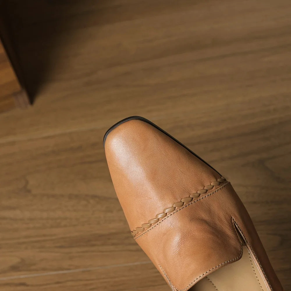 Woman Handmade Cowhide Real Leather Square Toe Mid Hells Soft comfortable Vintage Loafers Casual Walk Shoes 34-40