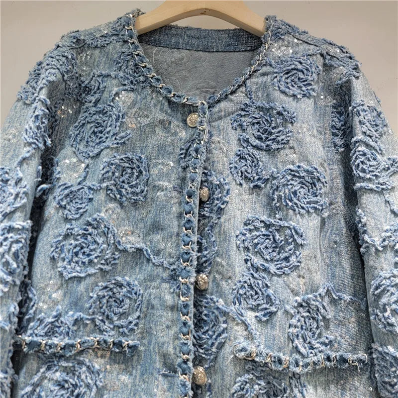 2026 Jeans Jacket Spring New Fashionable Elegant High-end Embroidered Short Denim Jacket For Women O-neck High Waist Coat 11A08304