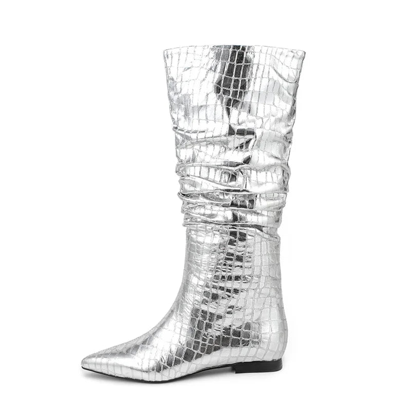 Onlymaker Women Gold Pointed Toe  Pleated Flat Knee High Boots  Block Heel Pull-On Metallic Fashion Warm Winter Boots