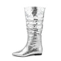 Onlymaker Women Gold Pointed Toe  Pleated Flat Knee High Boots  Block Heel Pull-On Metallic Fashion Warm Winter Boots