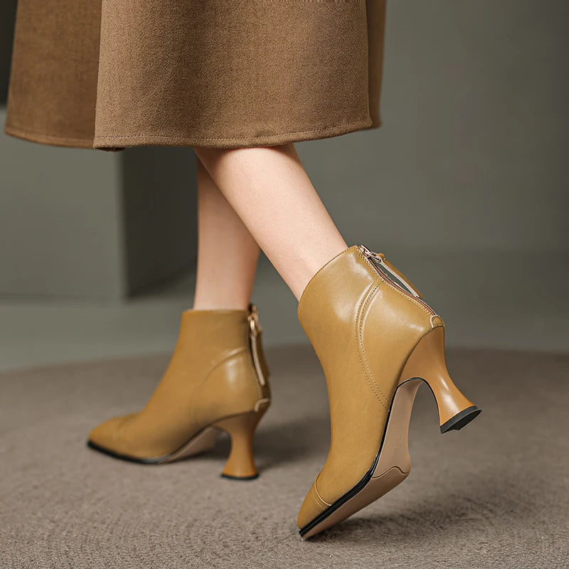 New Women's Handmade Genuine Leather High Heel Short Boots Square Toe Bootie Autumn Winter Fashionable Versatile