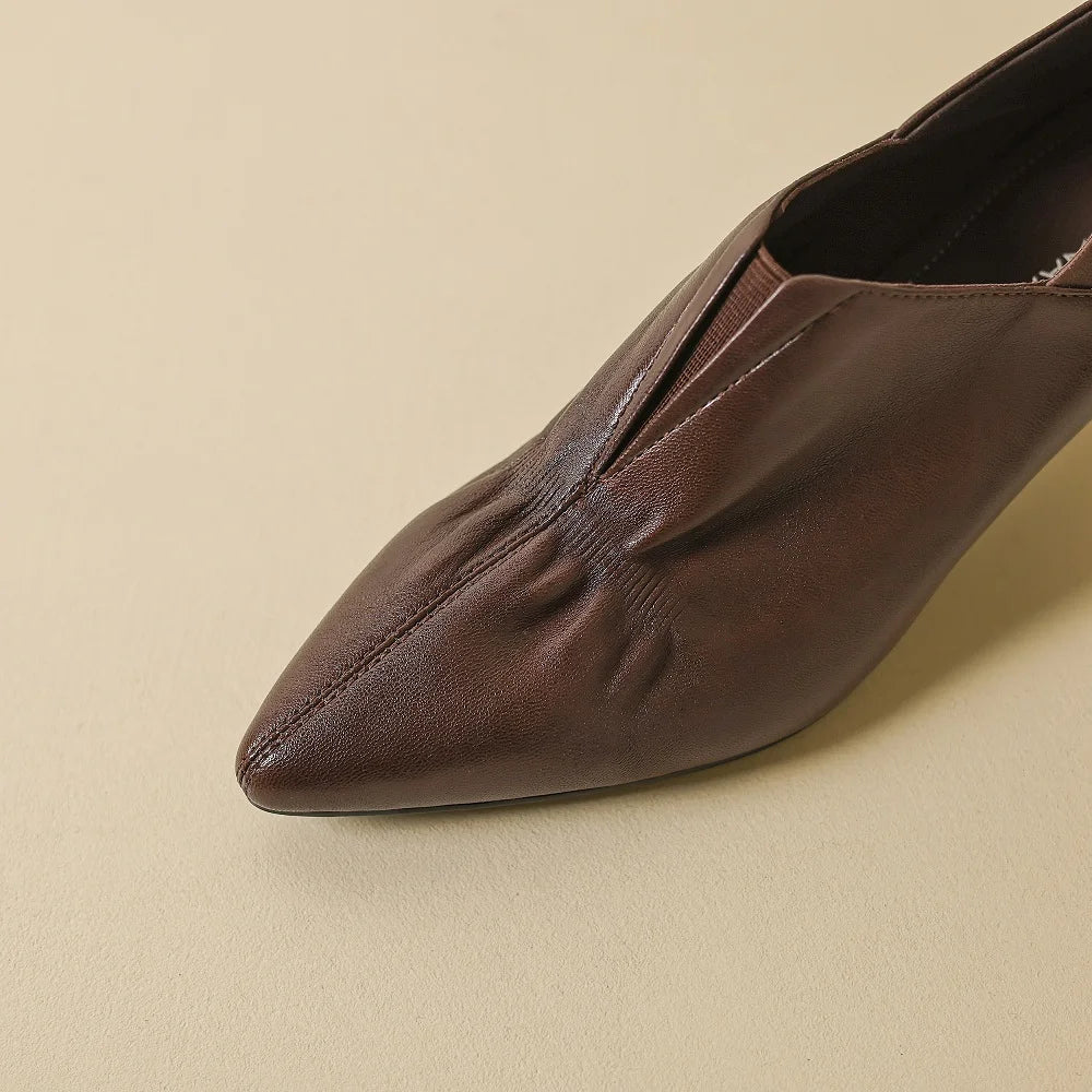 New Handmade Genuine Leather Soft and comfortable Women Retro Pointed Toe Shoes Mid Heels Loafers 34-40