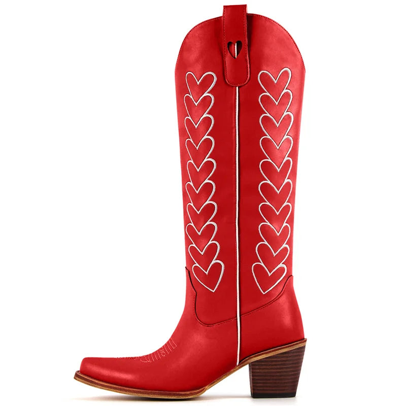 Onlymaker Women Pointed Toe Pull-on Knee High Cowgirl Boots with Big Size Comfy Female Cowboy Boots