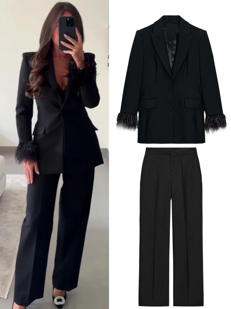 Fashion OL Solid Suit Long Pants Sets For Women Feather Patchwork Sleeve Blazer Jacket High Waist Trousers Lady 2 Pieces Sets