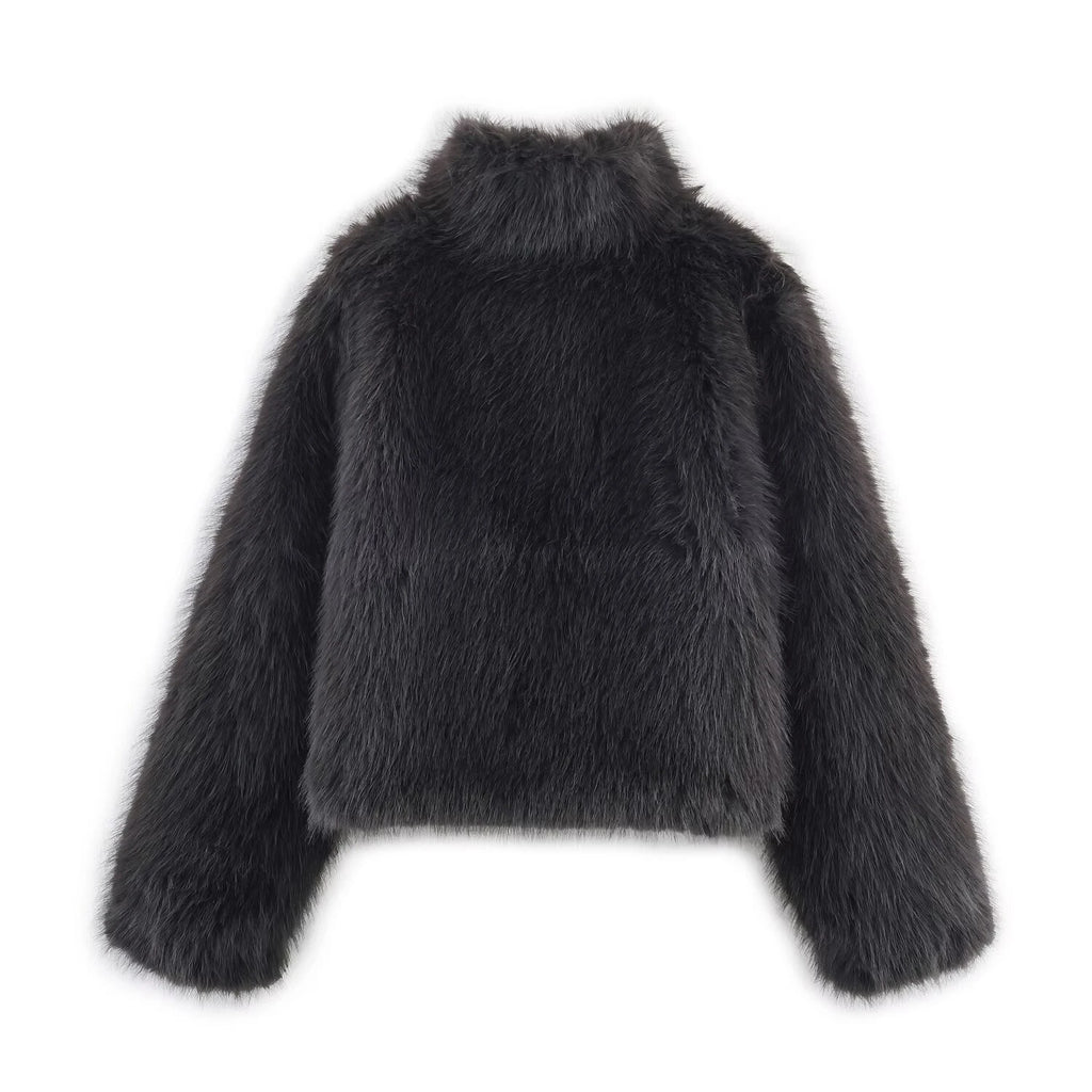 2025 Autumn New Product Women's Stand up Collar Long Sleeve Artificial Fur Effect Short Coat Rope Knot Coat