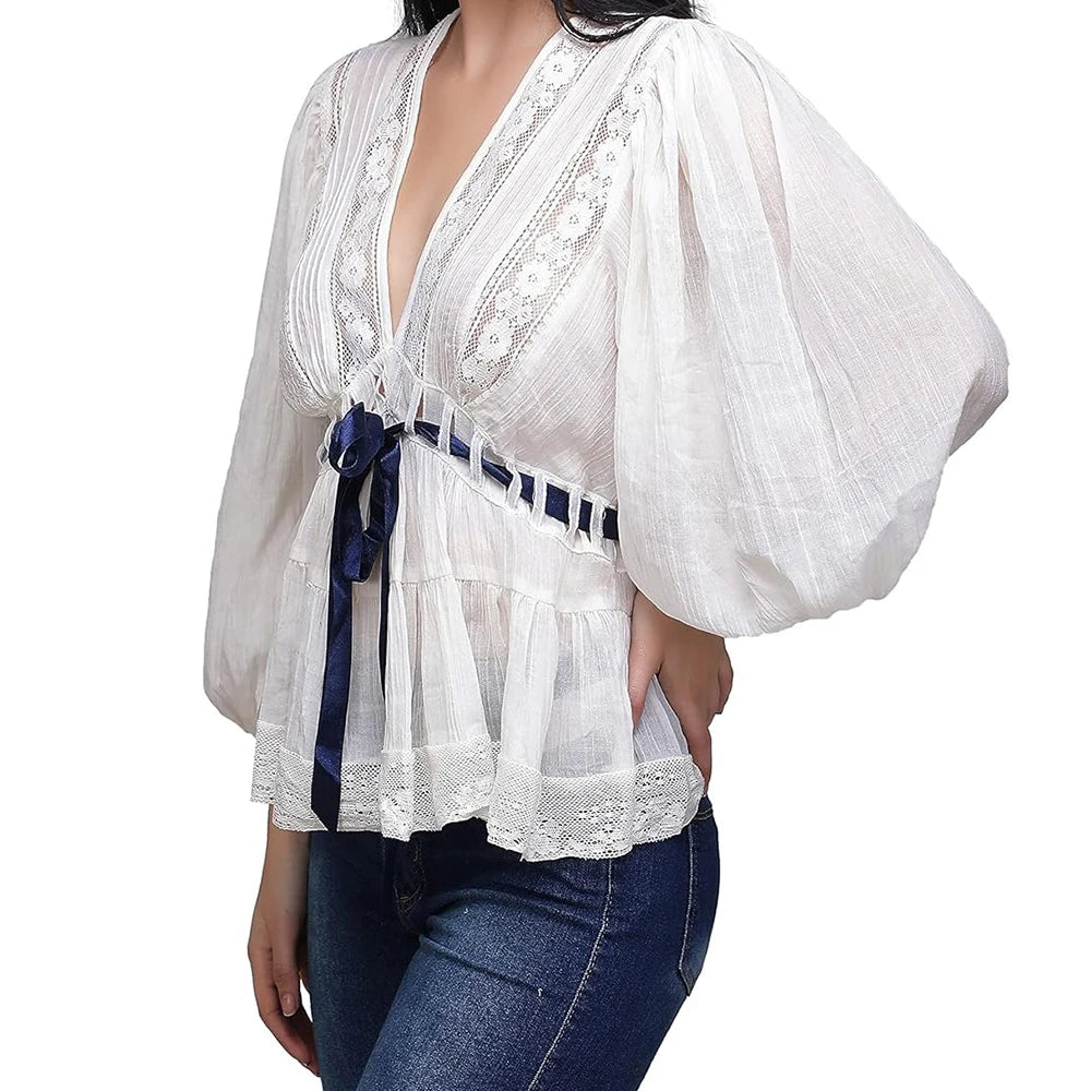 Womens Bow Tie Front Tops y2k Fairy Long Puff Sleeve V Neck Babydoll Peplum Shirts Cute Ruffle Flowy Pleated Blouses Streetwear
