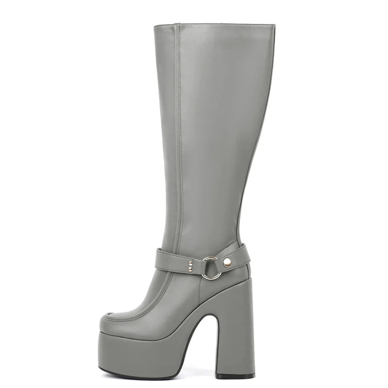 Onlymaker Women Round Toe Platform Knee High Boots Side Zipper Fashion Chunky Block Heel Mid-Calf Boot Punk Long Boots