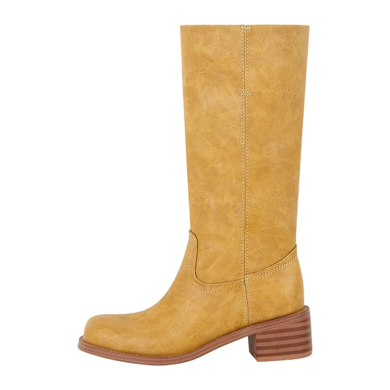 Onlymaker Women Round Toe Knee High Boots Low Heel  Fashion Pull on Wide Calf  Boots
