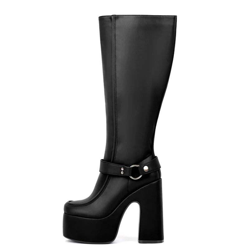 Onlymaker Women Round Toe Platform Knee High Boots Side Zipper Fashion Chunky Block Heel Mid-Calf Boot Punk Long Boots