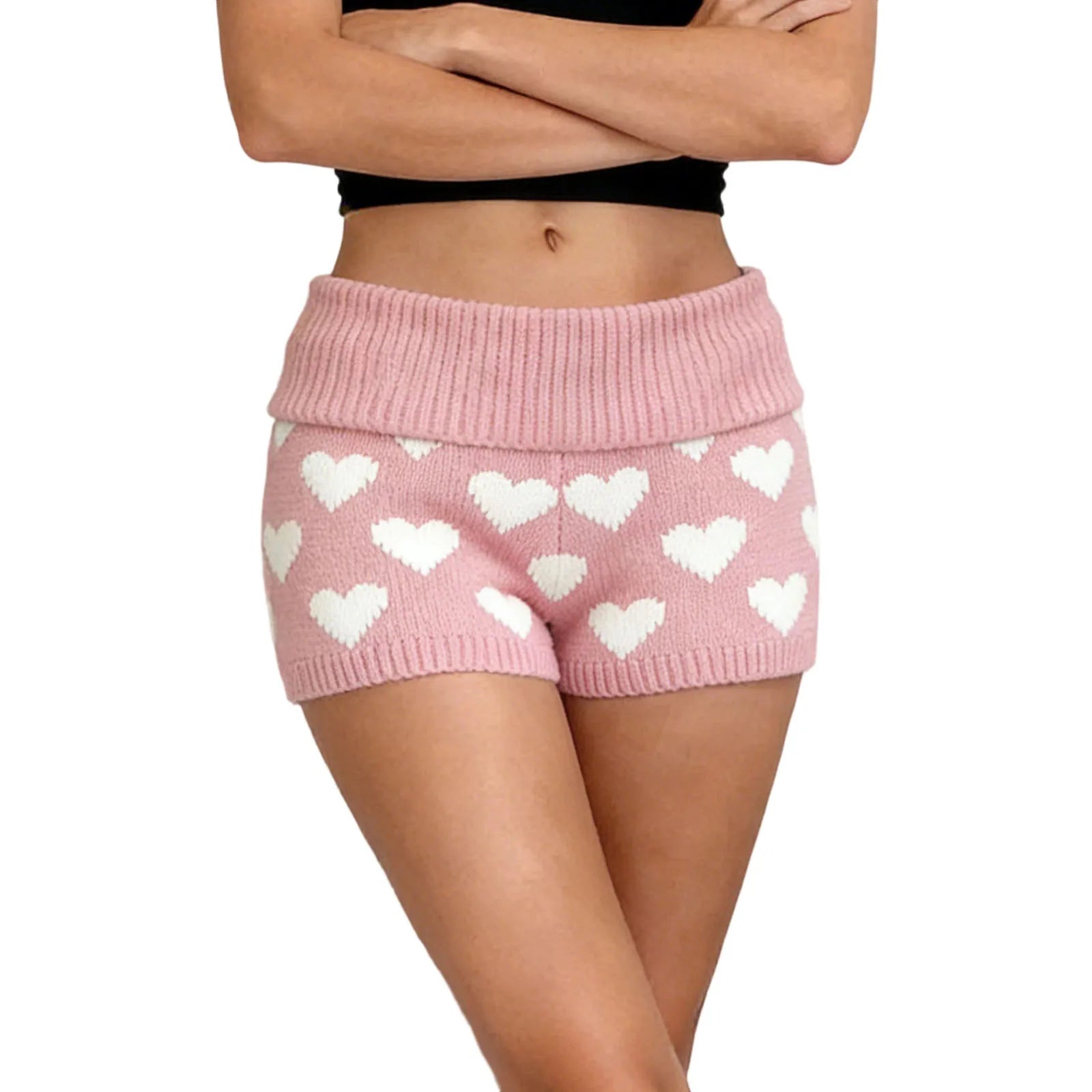 Women Summer Heart Print Knitted Casual Micro Shorts Folds Over Low Waist Elastic Waist 90s Aesthetic Slim Bottoms Shorts Pants