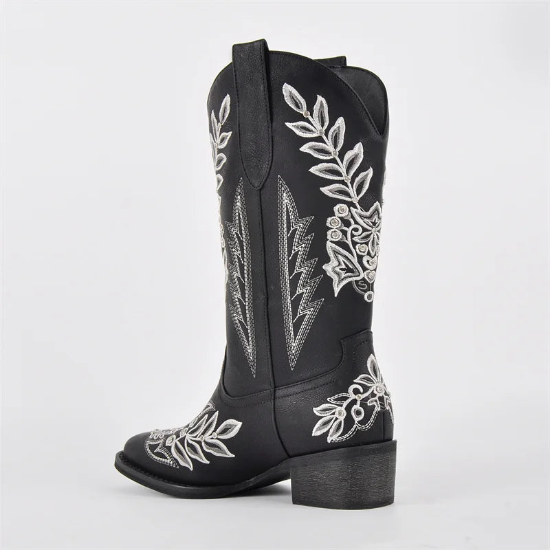 Women Square Toe Floral Rhinestones Embroidery Western Boots Pull On Knee High Chunky Heel Embroidered Boots
