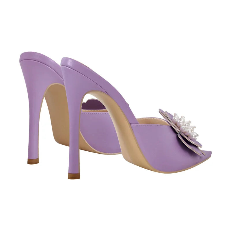 Women Peep Toe Mules Flower Pearl Pointed Toe Big Size Stiletto Mules