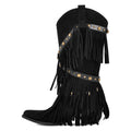 Onlymaker Women Black Pointed Toe Fringe Pull-on Knee High Boots Comfy Pull On Mid Calf Chunky Heel Western Boots