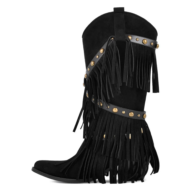 Onlymaker Women Black Pointed Toe Fringe Pull-on Knee High Boots Comfy Pull On Mid Calf Chunky Heel Western Boots
