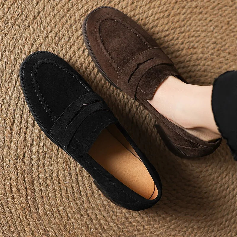 Spring Retro Genuine Kid Suede Loafers Women Slip On Low Thick Heels Pumps Female Comfort Daily Leather  Shoes