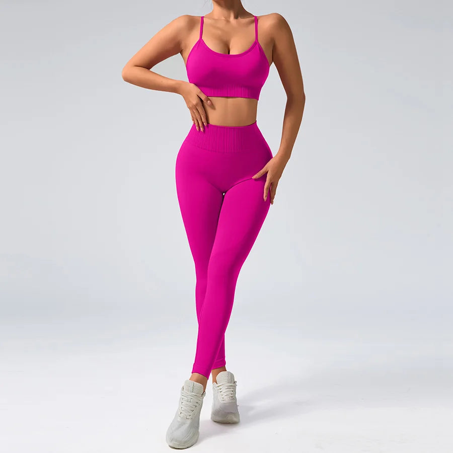 2 pcs/set Seamless Tight Pants Set Rose Red Tank Top Outfit Women's Clothing Breathable  Trousers  Athleisure Fitness Pants