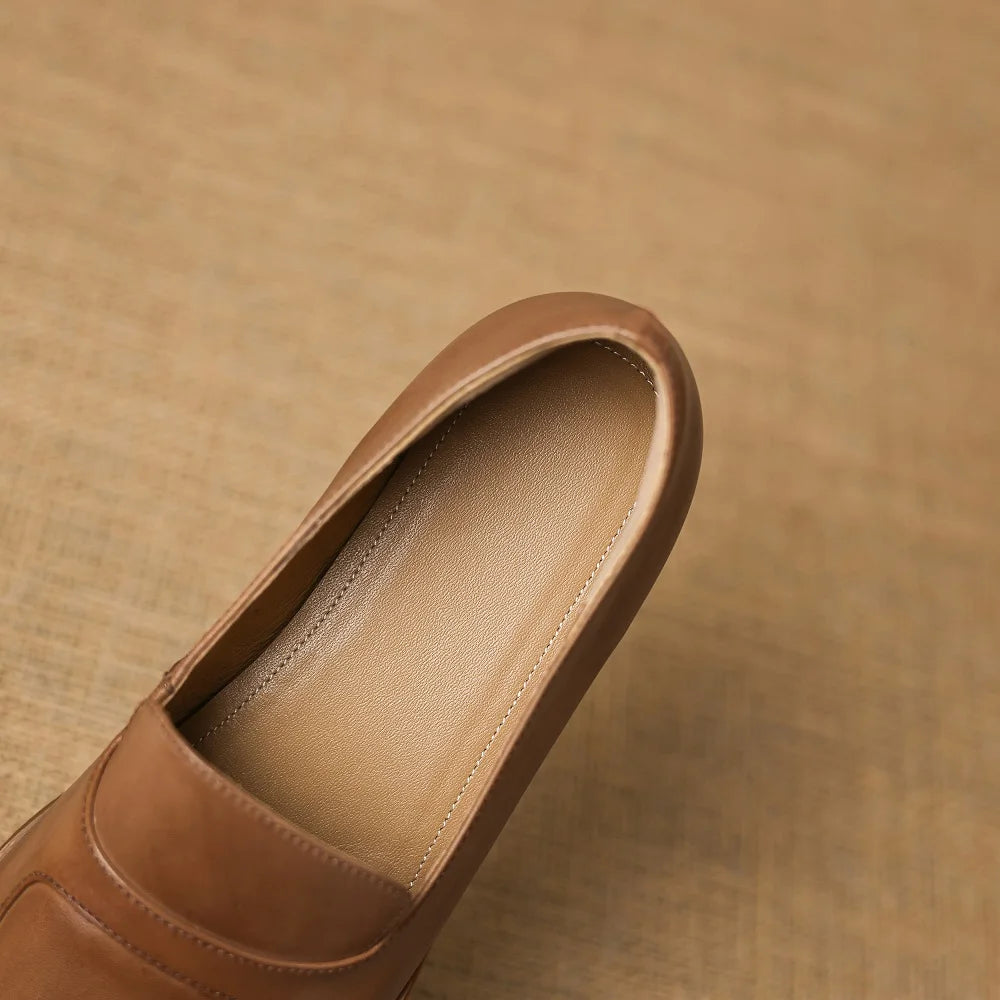 Vintage Handmade Genuine Leather Female Classic Round Toe Low Heels Concise Loafers For Women Casual Shoes 34-40