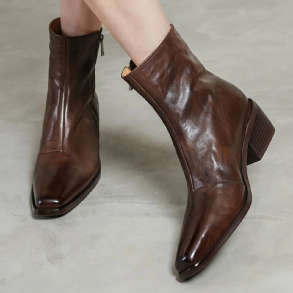 Size 34-40 New Handmade Genuine Leather Soft and comfortable Ankle Boots Zipper Chunky Mid Heels Square Toe Boot