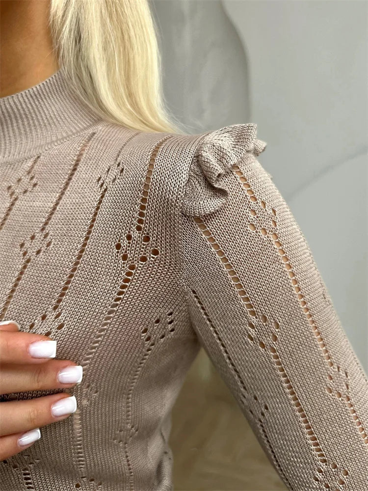 Ruffled Knit Hollow Out Sweater Pullover Women's Slim Patchwork See-Through Long Sleeve Jumpers Top Female Pullovers 2025