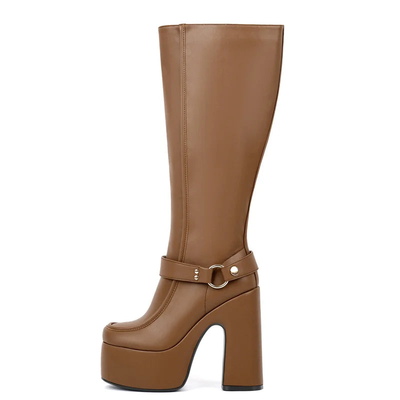 Onlymaker Women Round Toe Platform Knee High Boots Side Zipper Fashion Chunky Block Heel Mid-Calf Boot Punk Long Boots