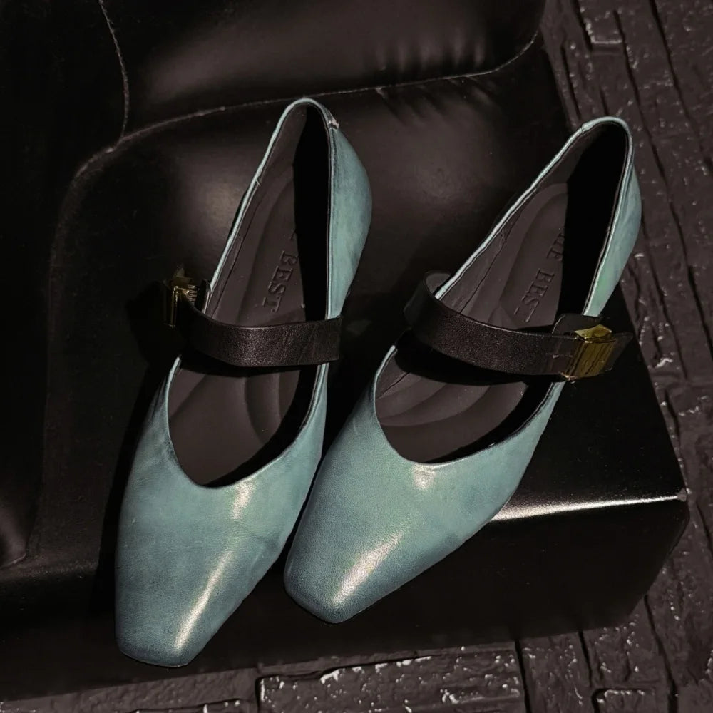 Handmade High Quality Genuine Leather Soft and comfortable Square Head Shallow Mouth Mid Heels Mary Janes Shoes