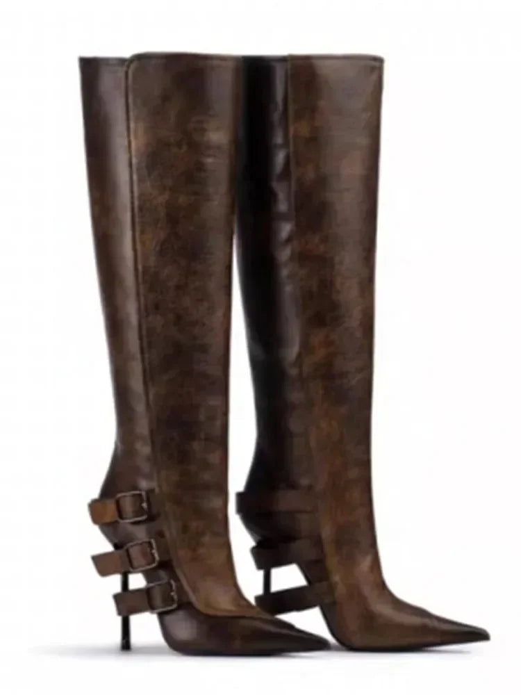 2026 New Belt Buckle Stiletto High Heels Knee Length Boots Autumn/Winter Women's Fashion Pointed Party 34-46 Large Medium Boots