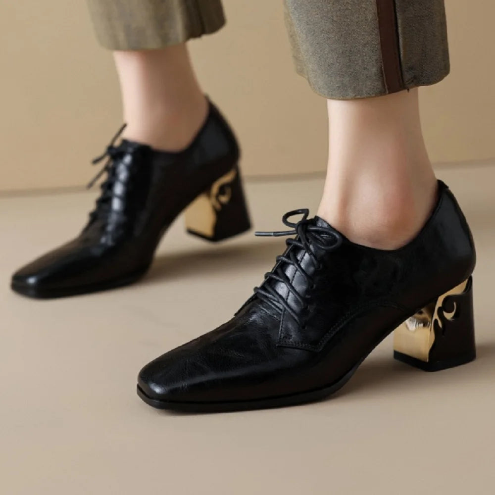 New Handmade Brand Genuine Leather Women Shoes Square Toe Shoes Chunky Mid Heel Shoes Zapatos Mujer 34-43