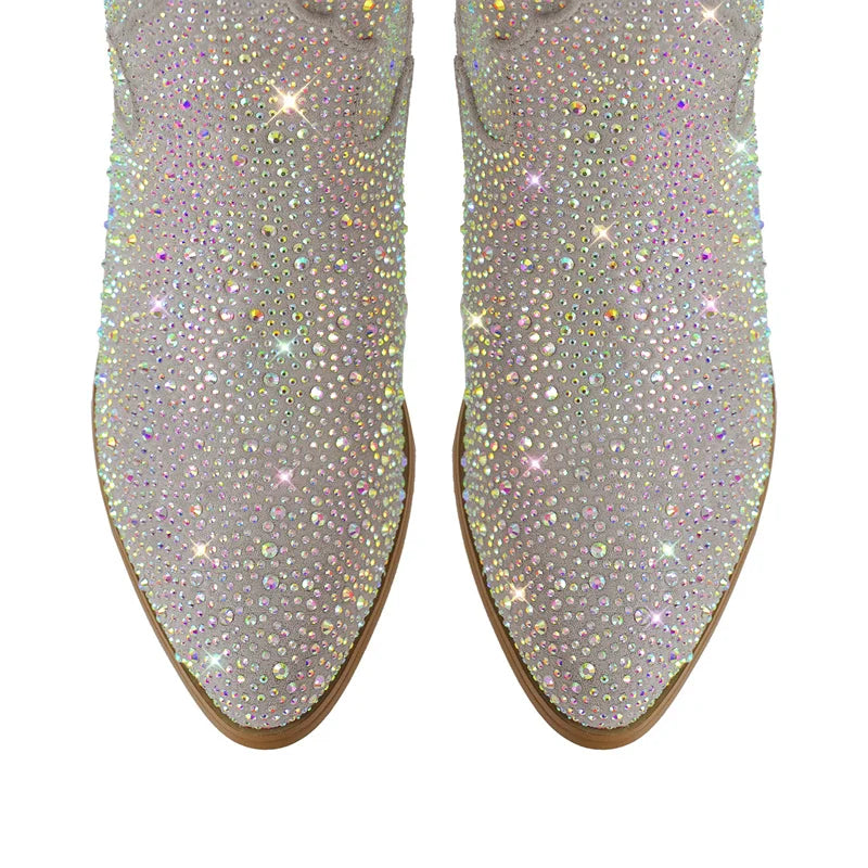 Onlymaker Women Side Zipper Knee High Boots Rhinestone Booties Glitter Bling Shiny Western Pointed Toe Block Heel  Cowgirl Boot