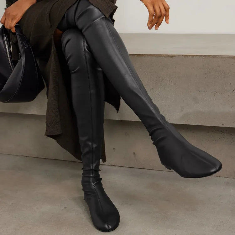 Autumn and Winter Fashion Women's Flat Knee Over Women's Boots Round Head Elastic Boots Women's 34-46 Large Thigh Boots