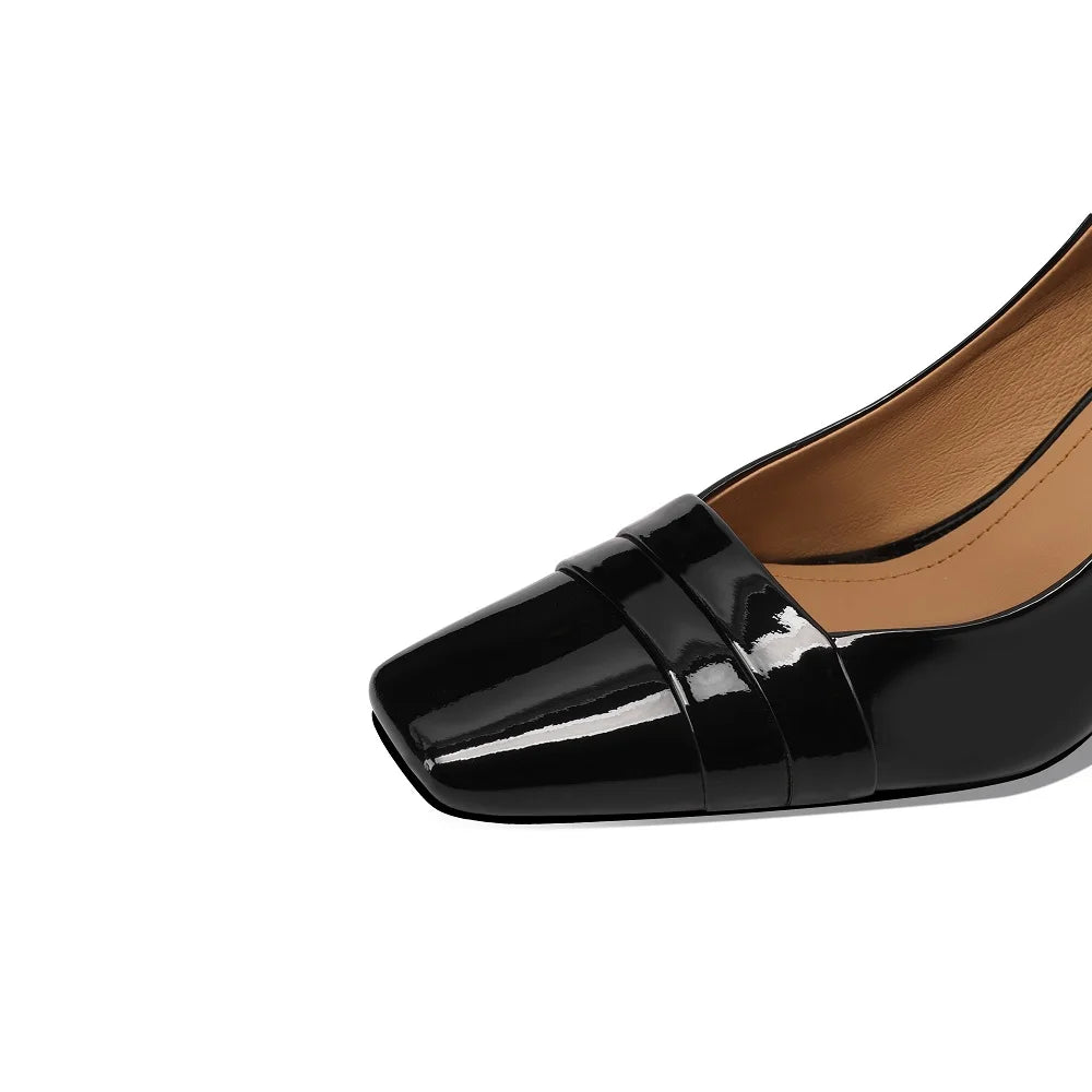 Handmade Genuine Leather Office Lady Pumps Square Toe Chunky Heels Elegant Vintage Women Soft Daily Shoes 33-43