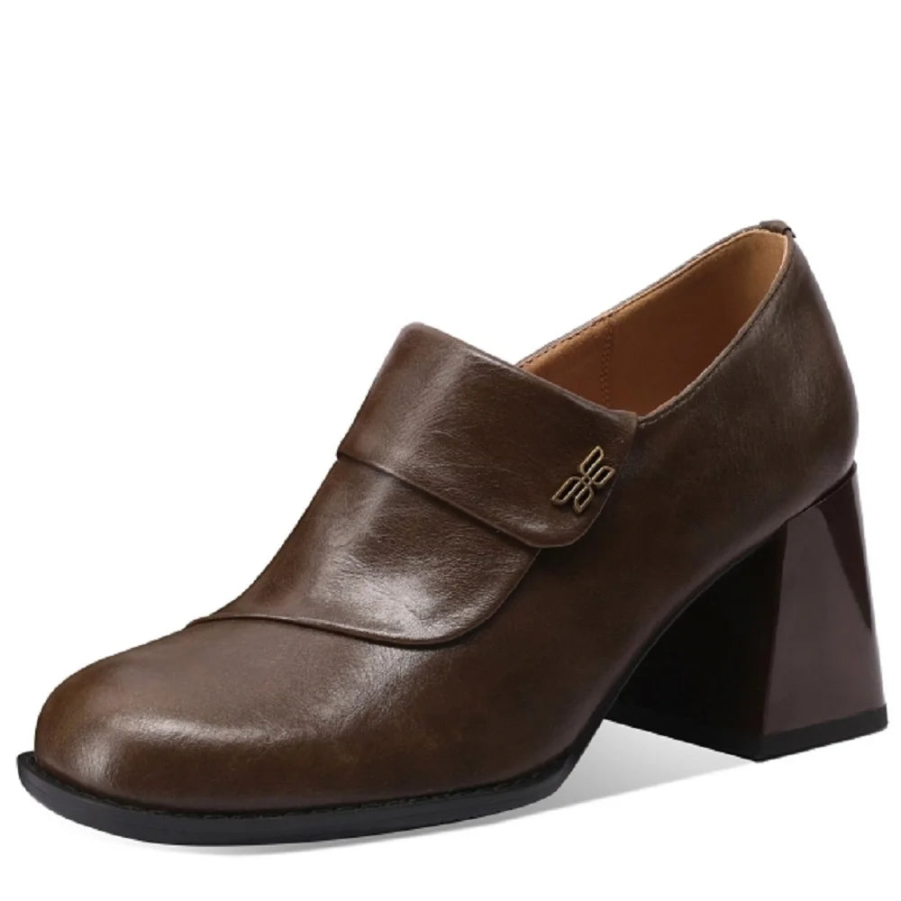 New Spring/autumn Genuine Leather Round Toe Shoes for Women Loafers High Heels Handmade Pumps 33-43