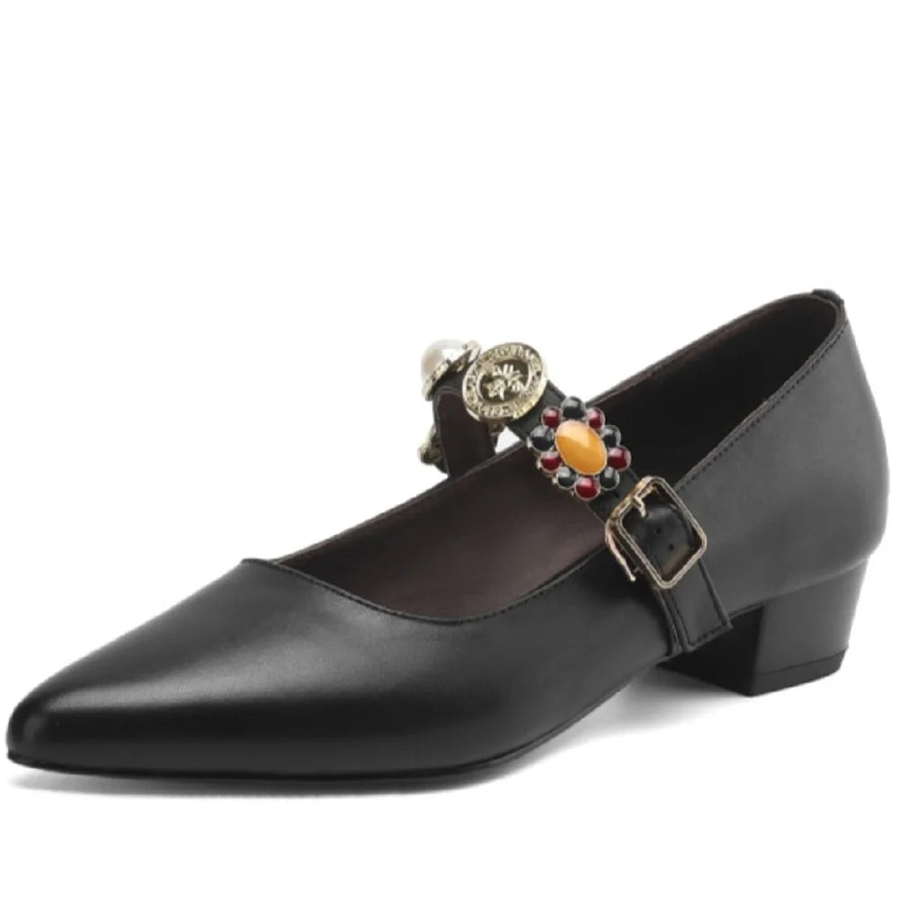 Handmade Genuine Leather round Toe Camellia Mary Jane Shoes Women's Retro Low Heel Single Shoes Comfortable