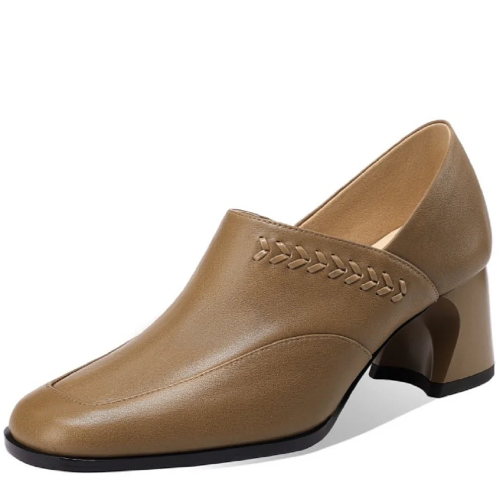 Comfortable Handmade Genuine Leather High Heels Chunky Heel Women's Shoes Versatile Deep Mouth Single Shoes 34-43