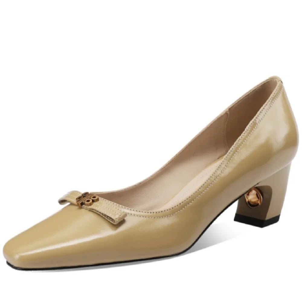 Handmade Genuine Leather Size 33-43 Women Soft and comfortable Square Toe Mid Heels Career&Office Shoes