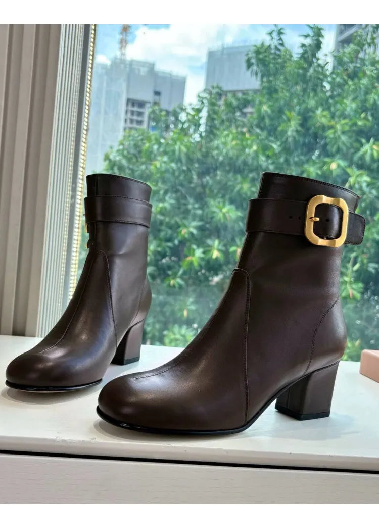 Women's New Thick High Heels Knee High Boots Autumn and Winter Round Toe Buckle Fashionable Mid Heel Boots Women's Short Boots