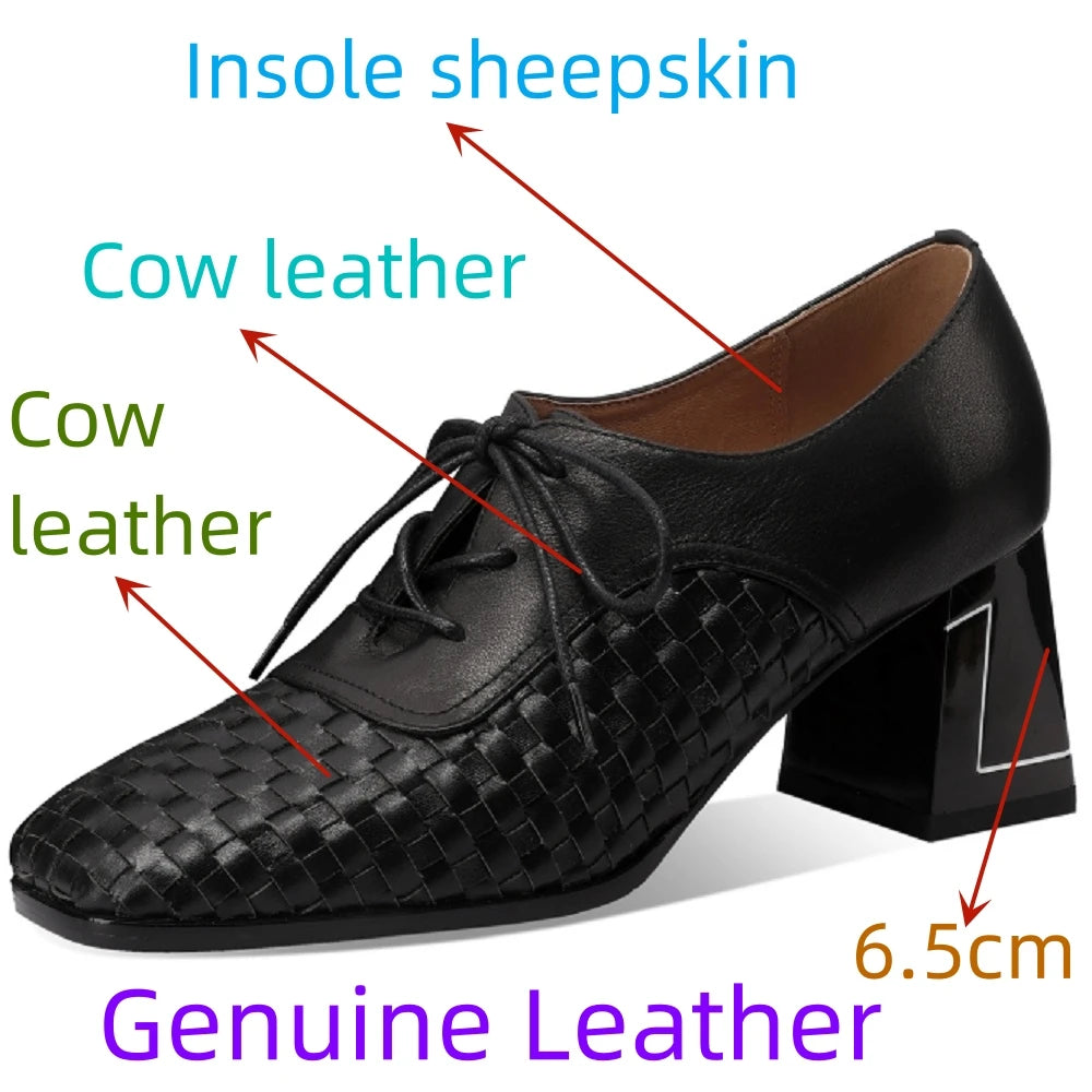 Handmade Genuine Leather Soft Comfortable Mixed color combination with lacesDeep Mouth High Heels Women 33-43
