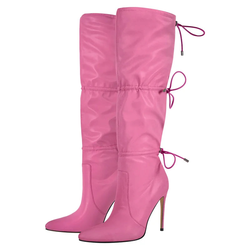 Onlymaker Women Pink Faux Leather Drawstring Knee High Boots 10.5cm Thin Heels Big Size  Boots