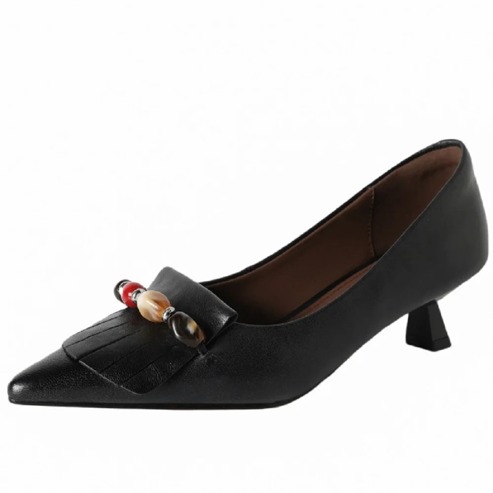 Handmade Genuine Leather New Classic Retro Style Pointy Toe Design Women's Single Shoes Comfortable 34-40