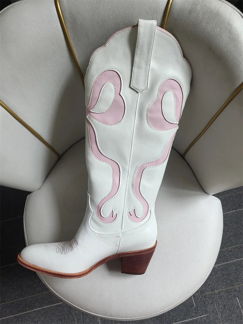 Onlymaker Women White  Pull-on Knee High Cowgirl Boots with Bow  Big Size Comfy Women Cowboy Boots
