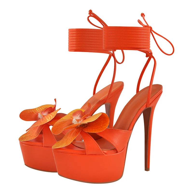 Women Flower Open Toe Pink Platform High Heeled Big Size Women Lace Up Stiletto Sexy Summer Sandals