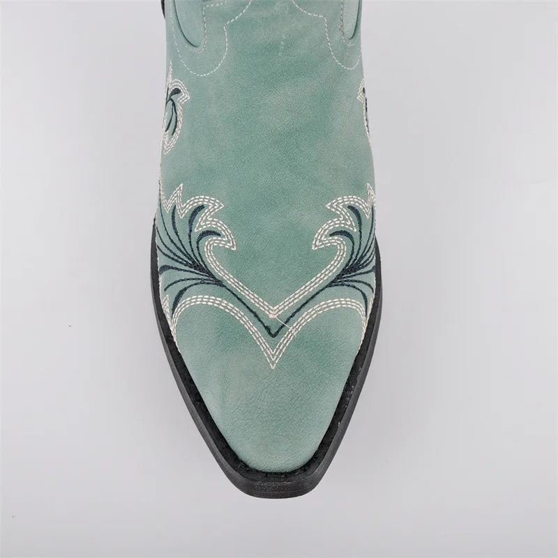 Onlymaker Women Embroidered Pull-on Cowboy  Western Boots  Mid Calf Block Heels Cowgirl Boots