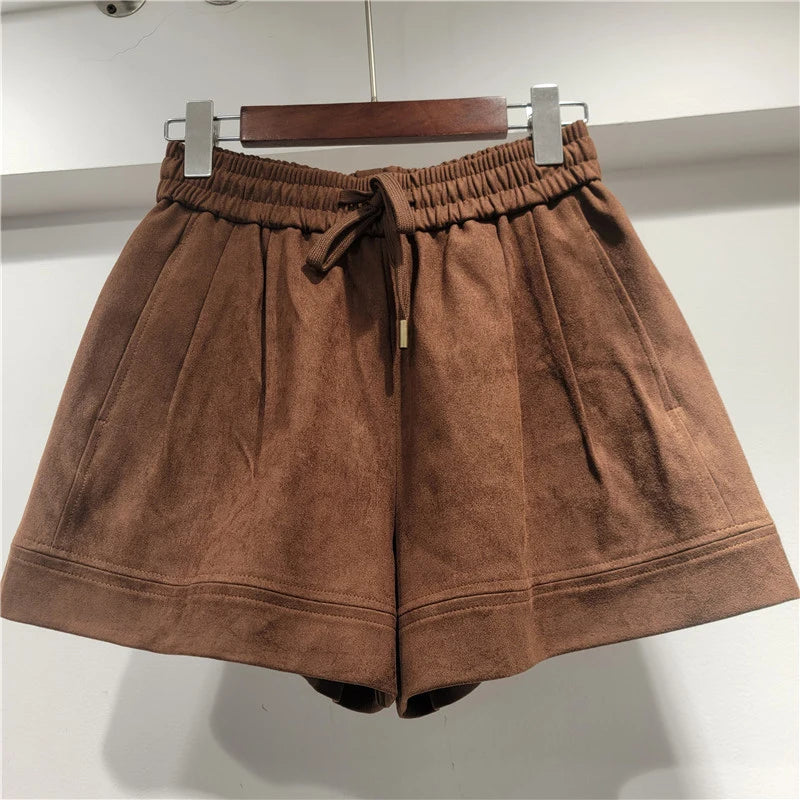 Fashion Loose Zipper Suede Short Coat For Women Drawstring Elastic Wasit Wide Leg Shorts Female Trendy 11A06048