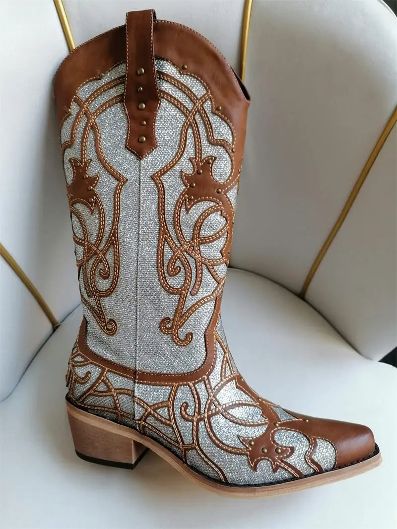 Onlymaker Women Glitter Rivet Pull-on Knee High Western Boots Big Size US15 Sparkly  Cowgirl Boots