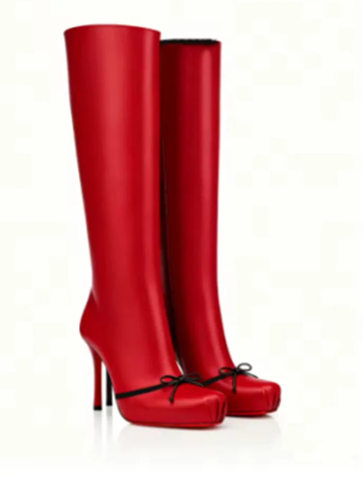 2026 Women's Autumn and Winter Fashionable Black High-heeled Knee High Boots with Square Toe and Side Zipper, Women's Midsole Boots