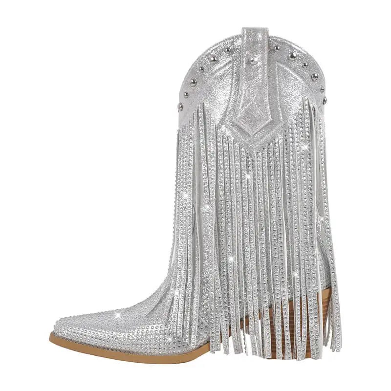 Female Rhinestone Fringe Mid-Calf Cowboy Boots Bling Party Big Size Women Boots
