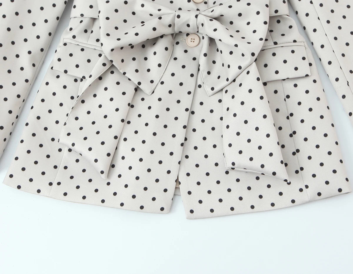 European and American Style New Women's Fashion Trendy Belted Bow Decorated Polka Dot Print Blazer Coat