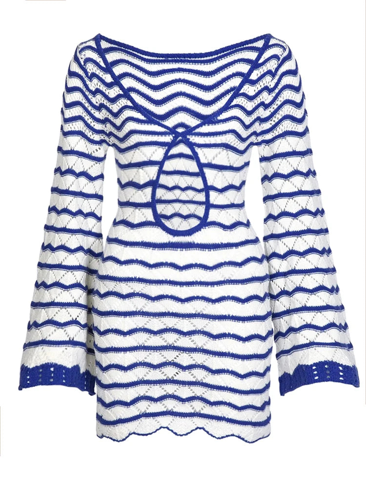 Sexy Boho Striped Chic V-neck Cut Out Bell Sleeve Knit Beach Mini Dress 2026 Summer Women Seaside Holiday Swimsuit Cover Up K123