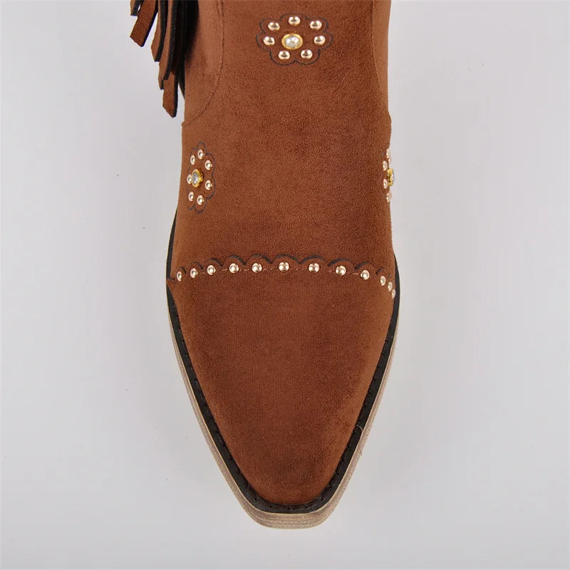 Onlymaker Women Pointed Toe Fringe Pull On Retro Western Cowgirl Boots Fringed Chunky Heel Cowboy Boots