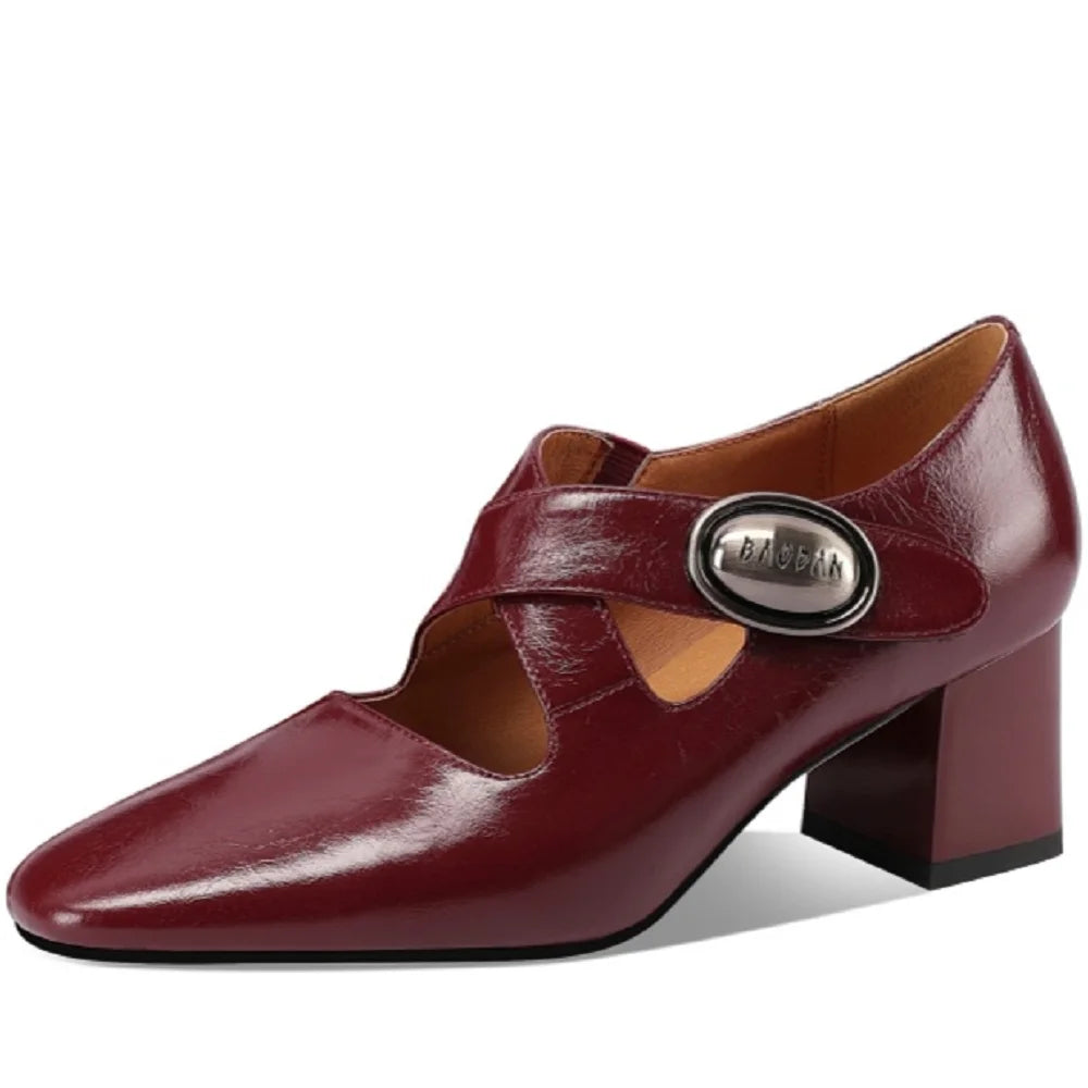 Handmade Brand Genuine Leather Women Cross Elastic Strap Square Mid Heels Formal Dress Prom 33-43