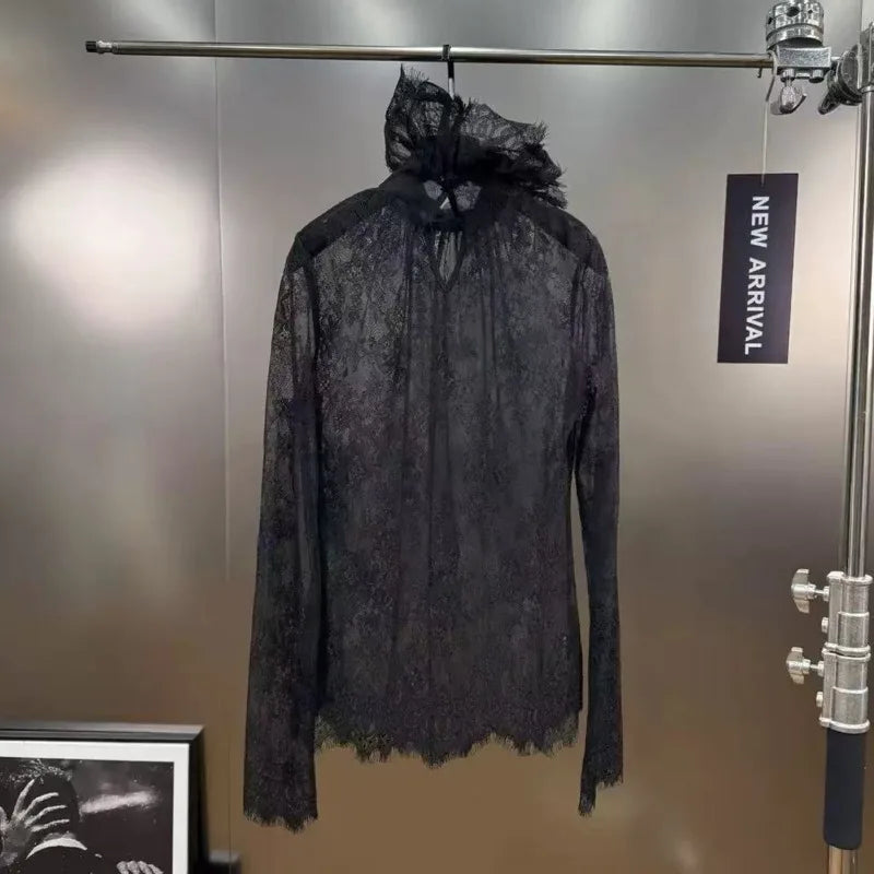 2026 Autumn Winter New Lace Style Black Stand Collar Long Sleeve Hollow Shirt For Women Versatile Blouse Female 1A1550